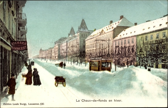 KP La Chaux de Fonds, kanton Neuchâtel, widok na miasto zimą, wagon, tramwaj