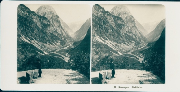 Stereo photo Norway, steel helmet, landscape