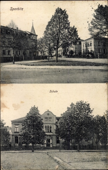Postkaart Dresden Leuben Sporbitz, straatdeel, school