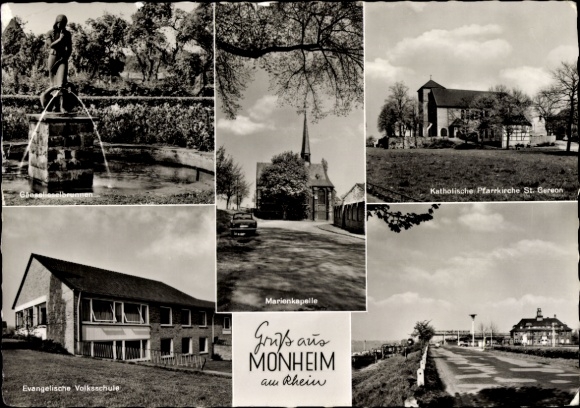Postcard Monheim am Rhein, Protestant elementary school, Marienkapelle, Catholic parish church of St. Gereon