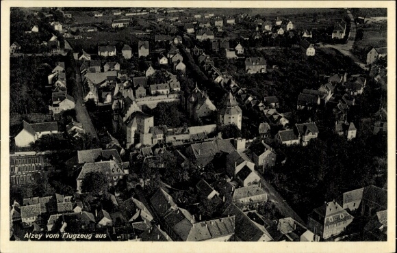 Postcard Alzey in Rheinhessen, aerial view of houses, streets, trees, not labeled