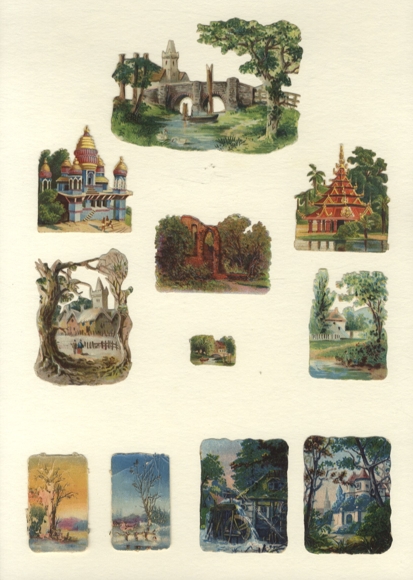 11 wafers houses, castles, temples, mills, landscapes, approx. 7 x 10 cm to 2 x 2.5 cm