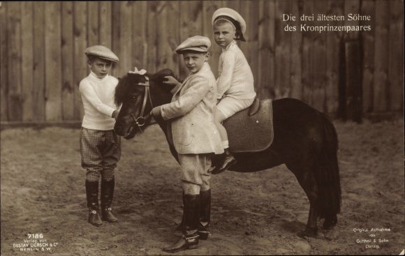 Postcard The three eldest sons of the crown prince couple, pony