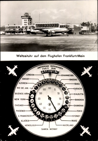 Ak Frankfurt am Main, Weltzeituhr auf dem Rhein Main Flughafen, Passagierflugzeug