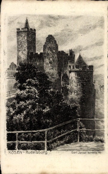 PC Bad Kösen Naumburg an der Saale, Rudelsburg, historic castle, landscape, etching, by C...