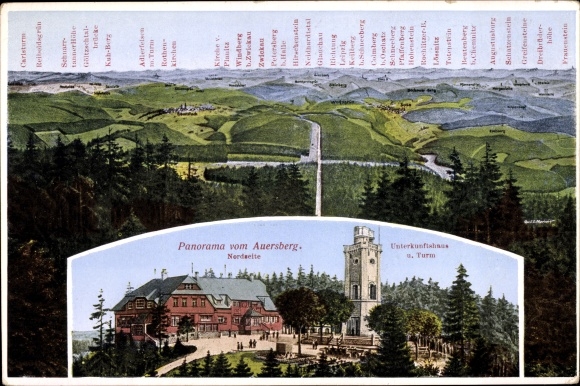 Postcard Wildenthal Eibenstock in the Ore Mountains, panorama from the Auersberg, accommodation house and tower, Max Teller
