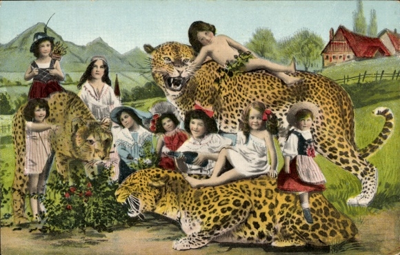Postcard Children with Leopards, Photomontage