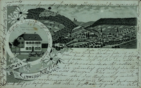 Moonlight Chromo-Litho Schweppenhausen in the Palatinate, general view, guesthouse