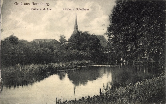 Ansichtkaart Horneburg in het oude land, kavel ad Aue, kerk en schoolgebouw