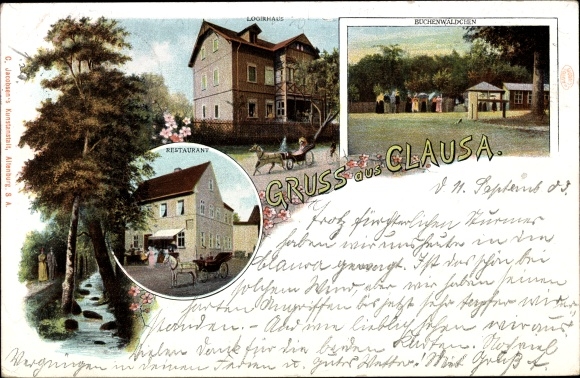 Postcard Klausa Nobitz Thuringia, lodging house, beech forest, restaurant