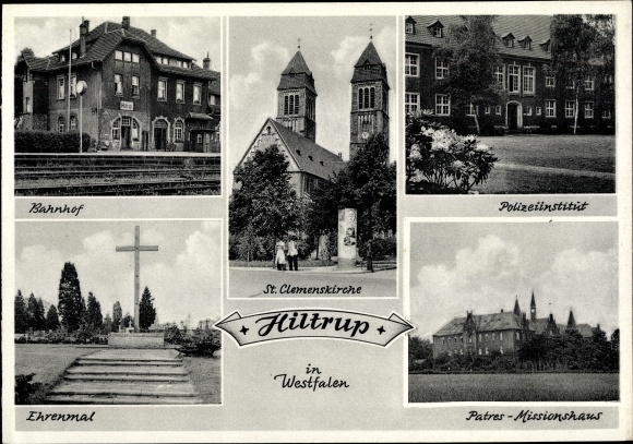 Postcard Hiltrup Münster in Westphalia, police institute, memorial, railway station track side, Father&#39;s mission house