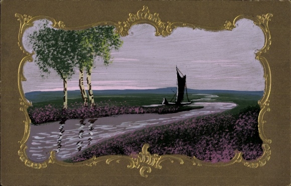 Hand-painted embossed passepartout Postcard river, sailboat