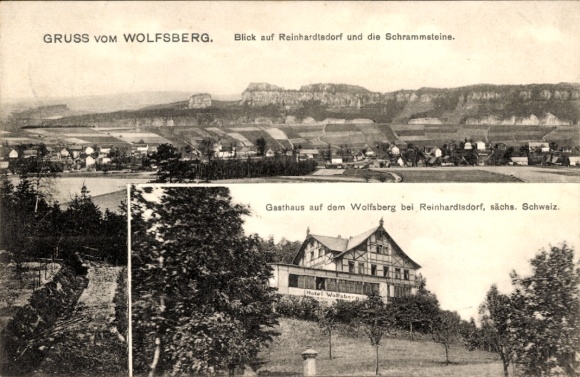 Postcard Reinhardsdorf Schöna in Saxony, Wolfsberg, inn, panorama with the Schrammsteine