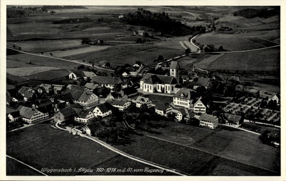 Postcard Wiggensbach in Allgäu, aerial photograph, idyllic landscape, church, buildings