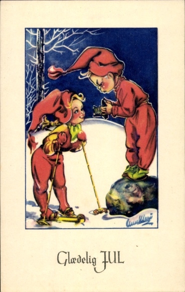 Artist Postcard Merry Christmas, children with pointed hats, camera, skis