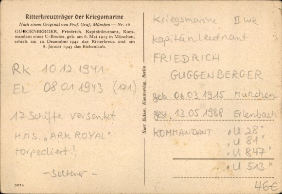Artist Postcard Graf, Oskar, Friedrich Guggenberger, Lieutenant Commander, Kriegsmarine, Knight's Cross Recipient