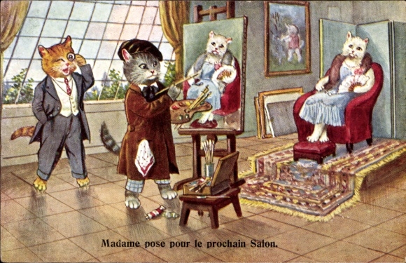 Künstler Ak Vermenschlichte Katzen, Maler, Katzendame als Modell
