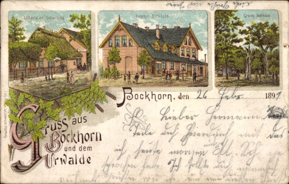 Chromo-Litho Bockhorn in Oldenburg Friesland, train station, jungle
