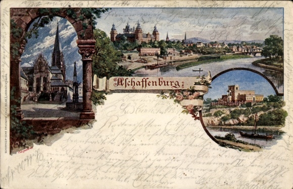 litho Aschaffenburg in Neder-Franken Beieren, kerk, algemeen beeld