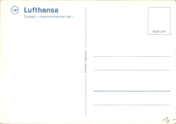 Postcard German passenger aircraft, Lufthansa, cockpit, intercontinental jet, pilots