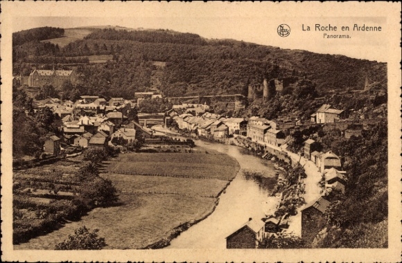KP La Roche en Ardenne Wallonia Luxembourg, panoramiczny widok na rzekę, domy, wzgórza