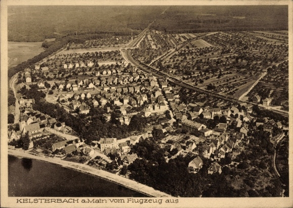 Postcard Kelsterbach am Main, aerial view of Main, houses, streets, landscape