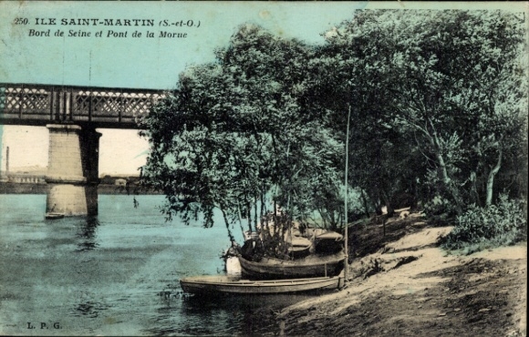 Postcard Carrières sur Seine Yvelines, Ile Saint Martin, Ile Fleurie, banks of the Seine, bridge