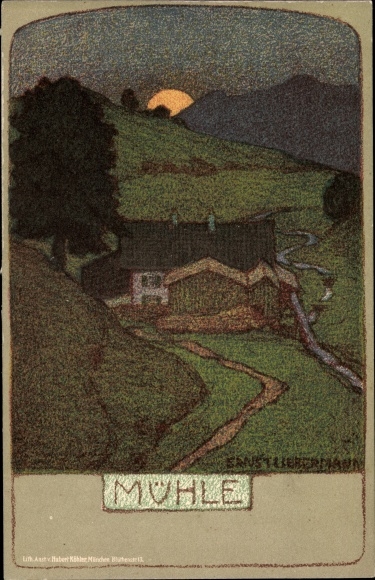 Artist Chromo-Litho Liebermann, Ernst, mill, night view