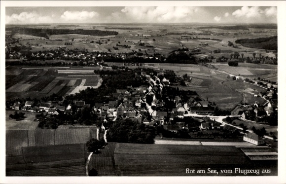 Postcard Rot am See Württemberg, aerial photograph, aircraft photograph, rural landscape, small town, fields
