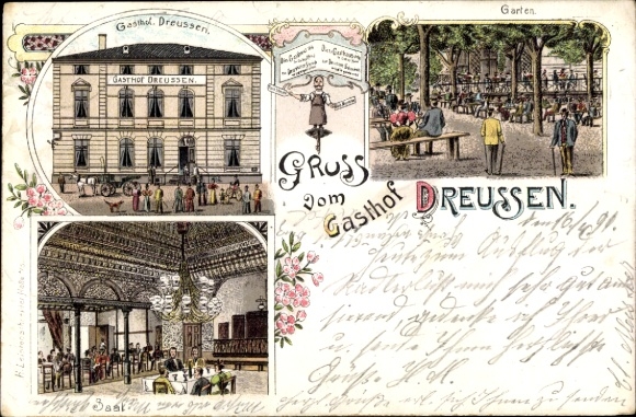 Chromo-Litho Dreußen Zschöpel Ponitz Saxony, Gasthof Dreußen, Hall