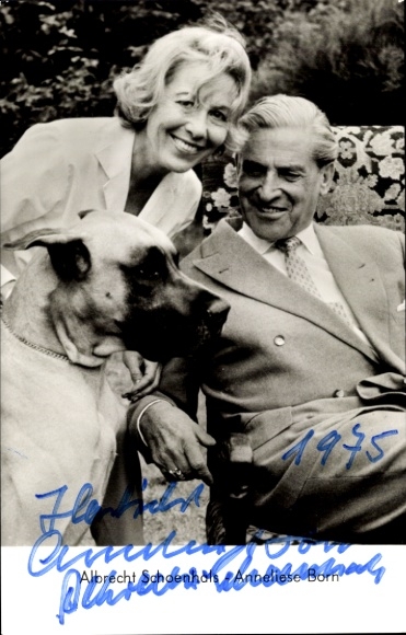 Postcard actor Albrecht Schoenhals, actress Anneliese Born, Great Dane, portrait, autograph