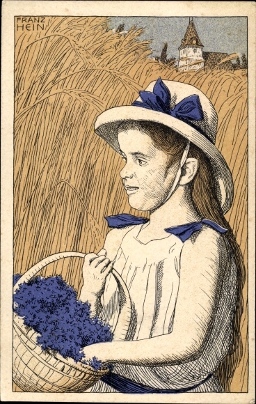 Kunstenaarskaart Hein, F., meisje in het korenveld, blauwe korenbloemen, mandje, welzijnsvereniging