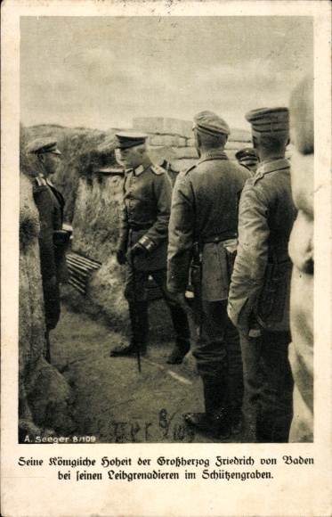 Postcard Grand Duke Friedrich II of Baden, body grenadiers, trench, Red Cross, I WW