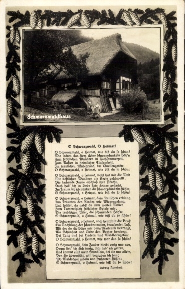 Postcard Black Forest House, poem L. Auerbach, pine cones