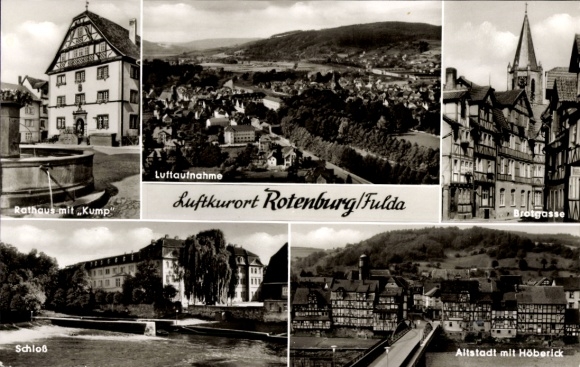 KP Rotenburg ad Fulda, zdjęcie lotnicze, ratusz m. Kump, Brotgasse, zamek, stare miasto m. Höberick