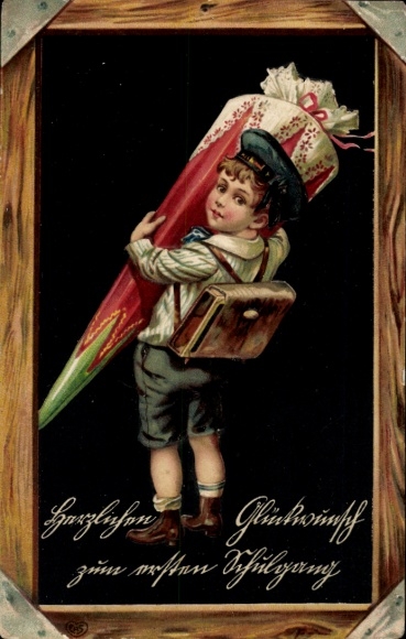 Embossed PC congratulations on starting school, boy with sugar bag, slate