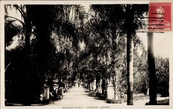 Postcard Buenos Aires Argentina, Parque Lezama, palm trees, path, statues