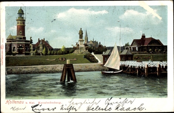 Postcard Holtenau Kiel in Schleswig Holstein, canal mouth, monument, lighthouse, sailboat