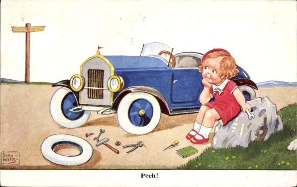 Artist Postcard Wills, John, girl has a flat tire, bad luck, automobile