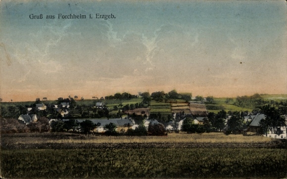 Ak Forchheim Pockau im Erzgebirge, Landschaftsaufnahme, Gebäude, Felder, Himmel, nostalgischer...