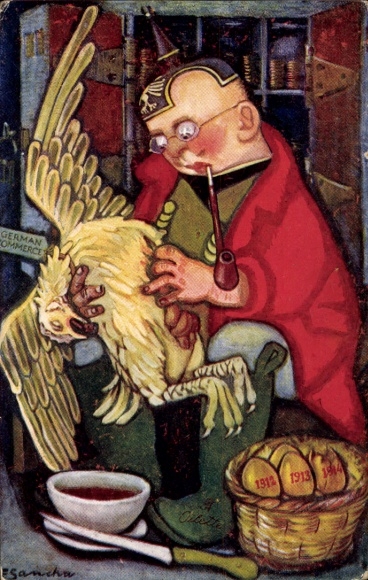 Artist Postcard Sancha, The Hen that laid the Golden Eggs, Caricature Germany WWI