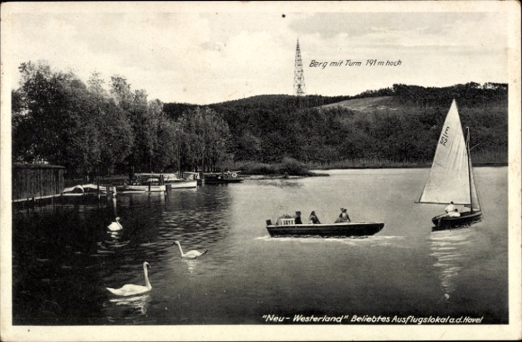 Postcard Groß Kreutz an der Havel, Neu Westerland, Götzer Berge, mountain with tower