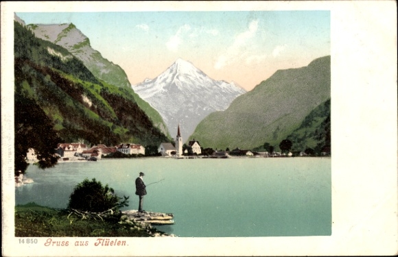 Ak Flüelen Kanton Uri Schweiz, Berglandschaft, See, Fischer, Ort  farbige 