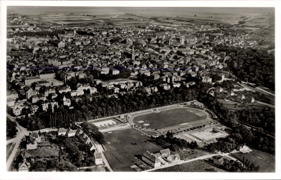 Postcard Landau in der Pfalz, aerial view of the city, sports field, surrounding landscape