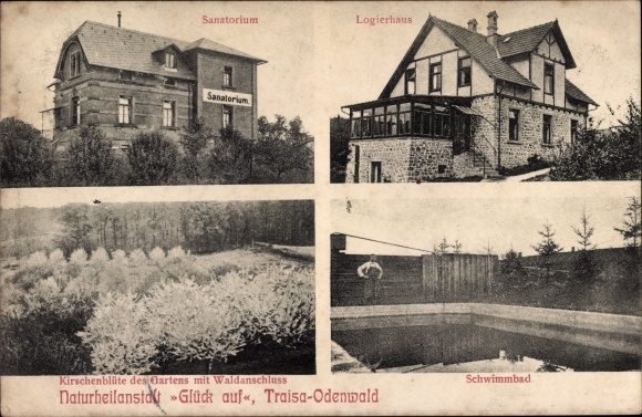 Postcard Traisa Mühltal in the Odenwald Hesse, Naturheilanstalt Glück auf, sanatorium, lodging house, swimming pool