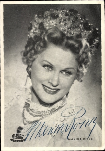 Ak actrice Marika Rökk, portret, handtekening, haaraccessoires