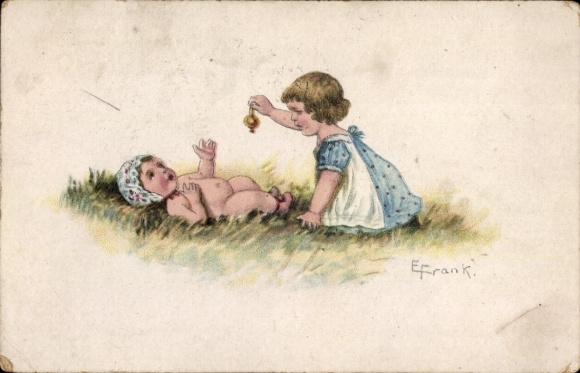 Artist Postcard Frnak, Elly, Girl and Baby on a Meadow