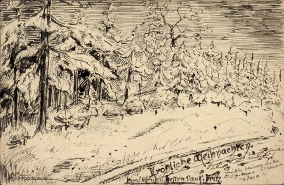 Hand-painted artist Postcard Merry Christmas, forest edge