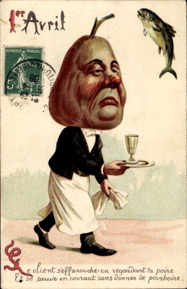 Postcard April 1st, waiter with a pear as a face