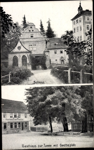 Postcard Großkochberg Uhlstädt Kirchhasel an der Saale, Castle, Inn zur Tanne, Goetheplatz